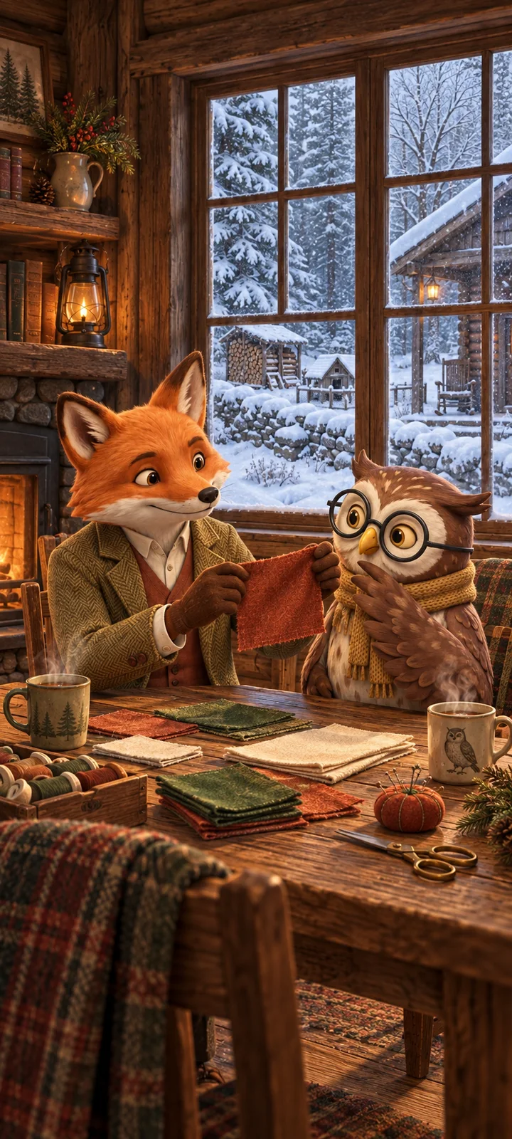 The Owl and Fox choose green, rust and cream fabrics at a cabin table while snow covers the woods outside.