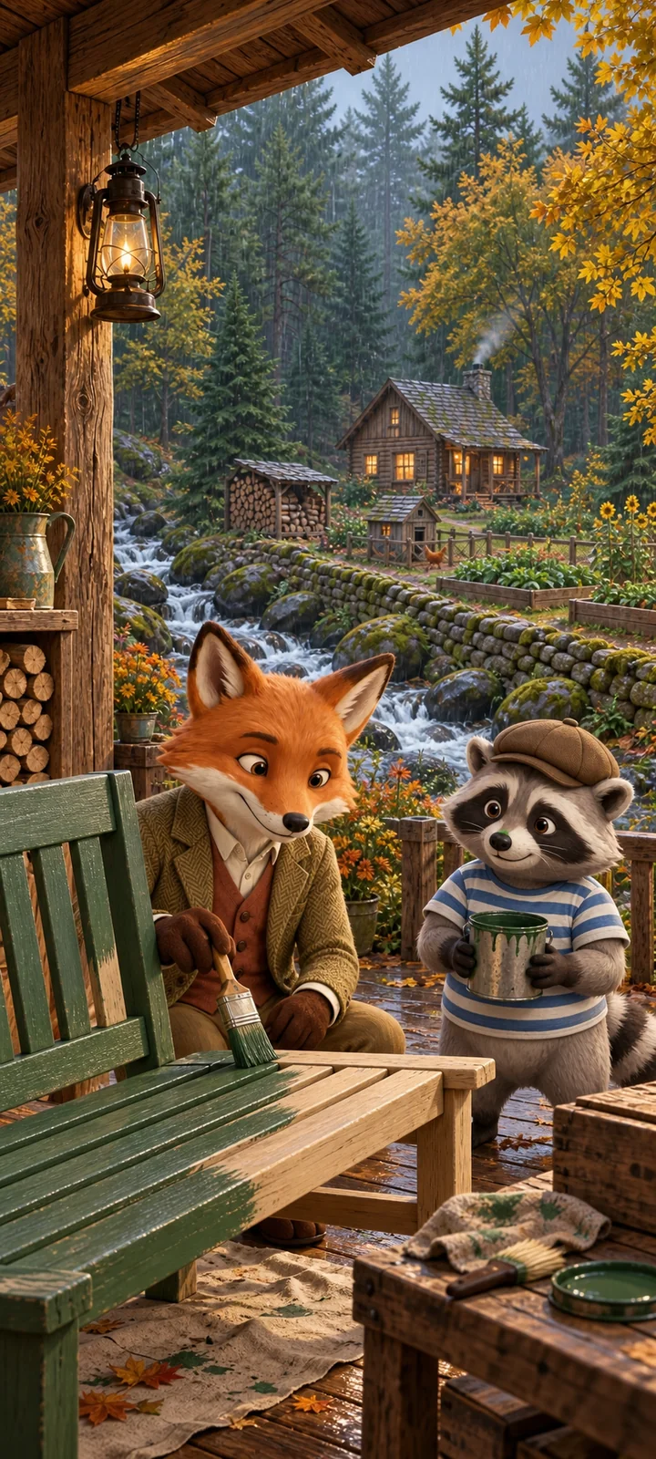 The Fox paints the bench forest green under the porch while the Raccoon helps, with a dab of paint on his nose.