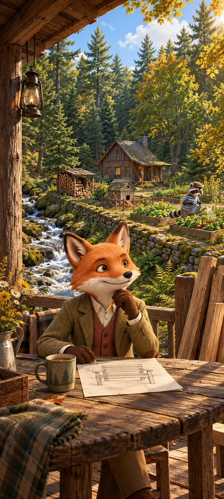 The Fox in a tweed jacket sketches a bench on the sunny cabin porch while the Raccoon waters the garden.