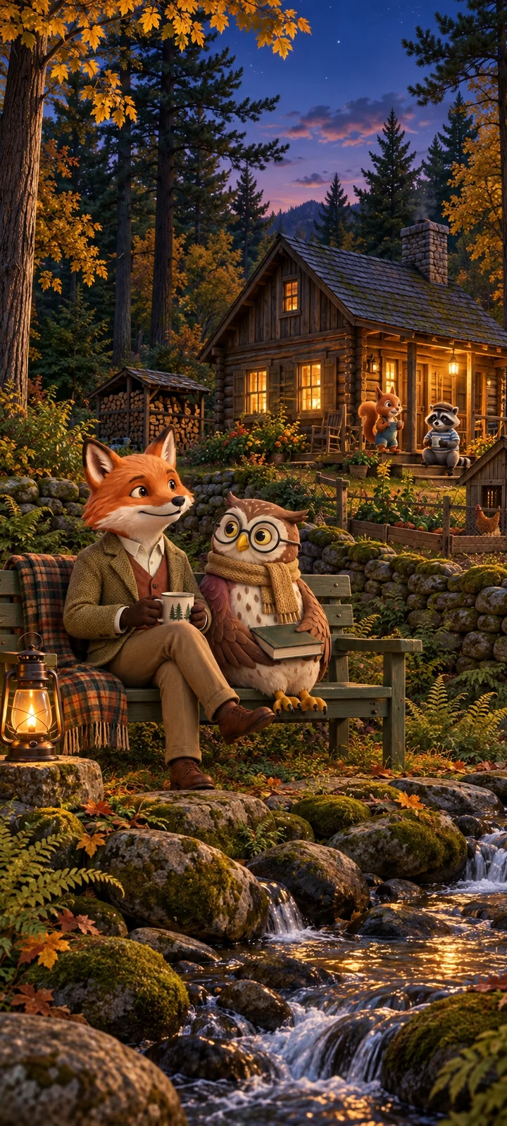 The Fox and the Owl rest on their green bench beside the brook at twilight, with warm cabin windows behind them.